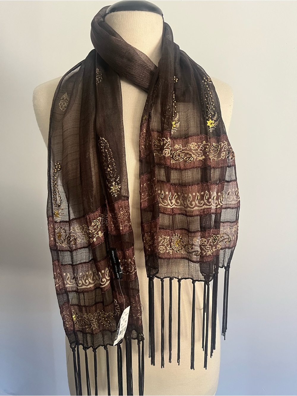 New York & Company Brown Sheer Embroidered Fringe Scarf with Gold Accents